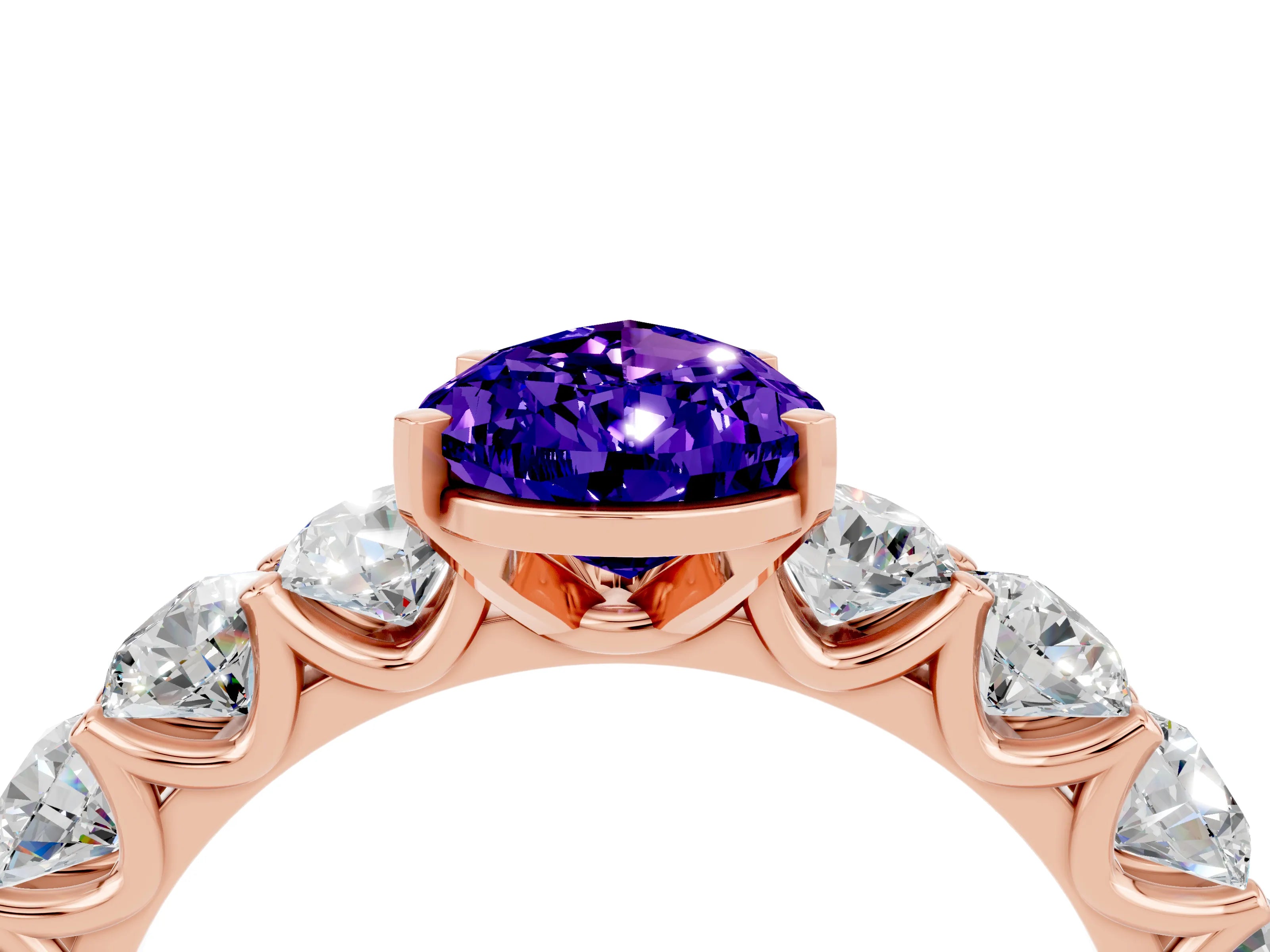 Rose gold Pear Cut Tanzanite Prong Setting with Side Stones on a Pave Band_4
