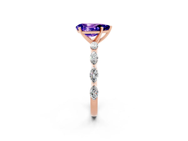 Rose gold Pear Cut Tanzanite Ring with Marquise Side Stones and Prong Setting