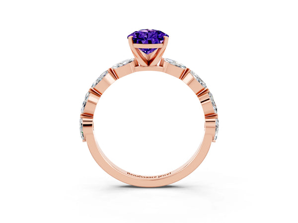 Rose gold Pear Cut Tanzanite Ring with Marquise Side Stones and Prong Setting