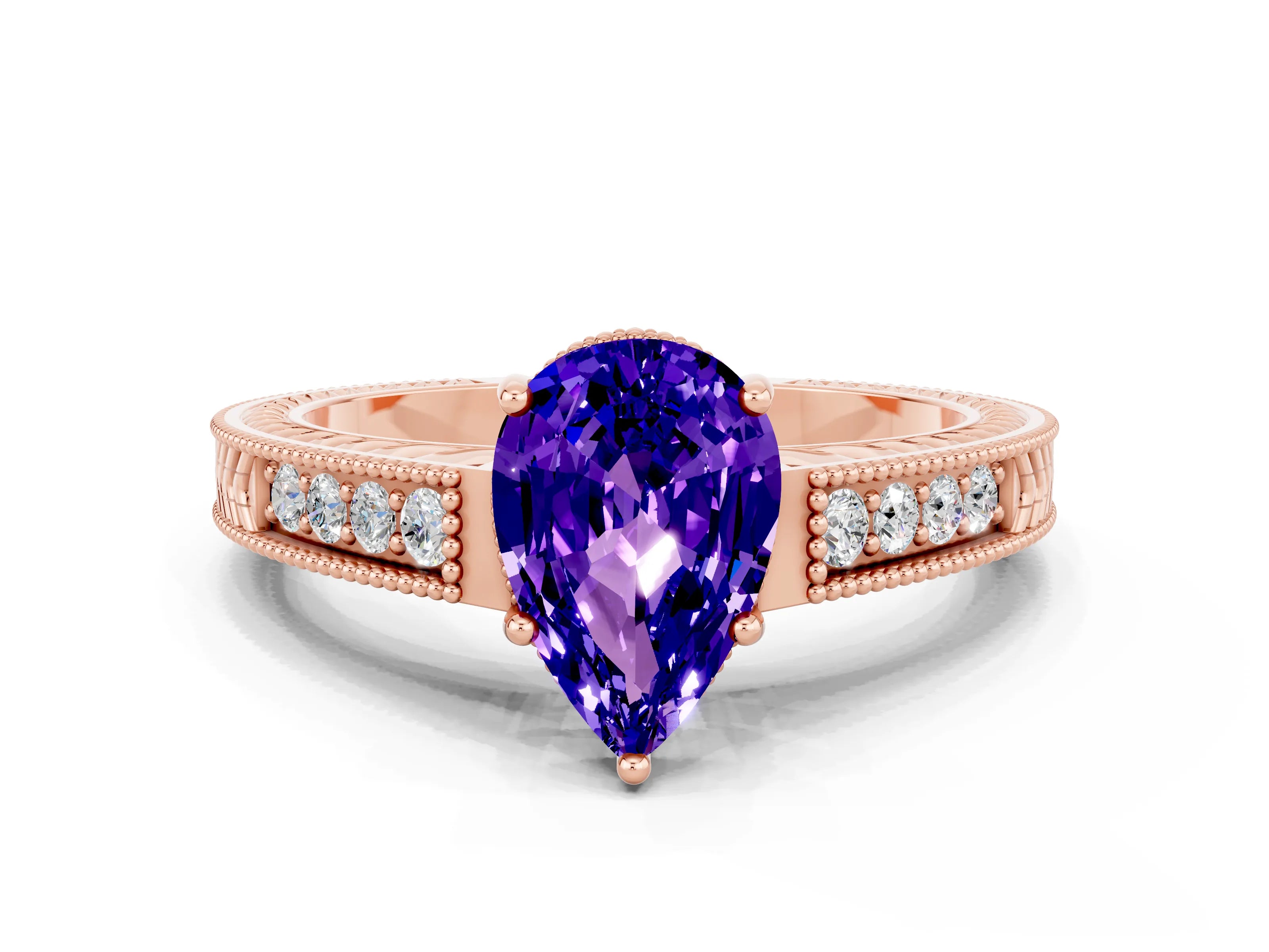 Rose gold Pear Cut Tanzanite Ring with Milgrain Pavé Band and Four-Prong Setting_12
