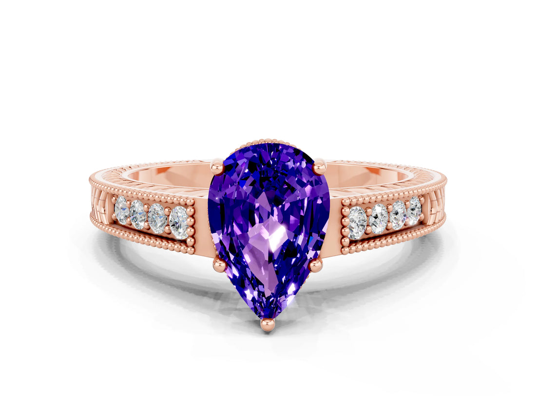 Rose gold Pear Cut Tanzanite Ring with Milgrain Pavé Band and Four-Prong Setting_12