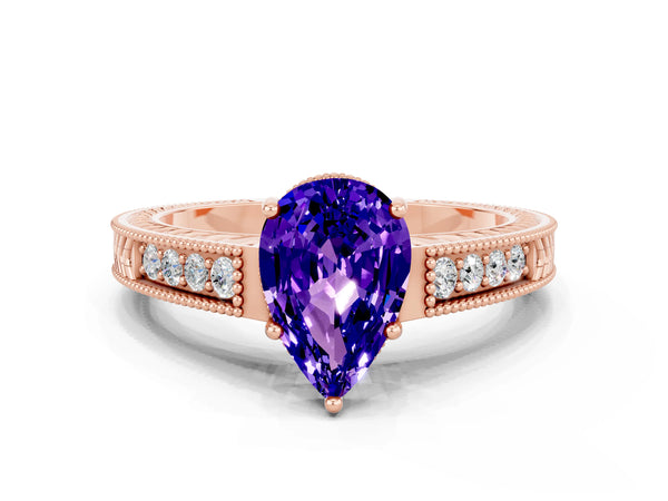 Rose gold Pear Cut Tanzanite Ring with Milgrain Pavé Band and Four-Prong Setting