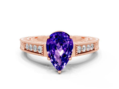 Rose gold Pear Cut Tanzanite Ring with Milgrain Pavé Band and Four-Prong Setting_12
