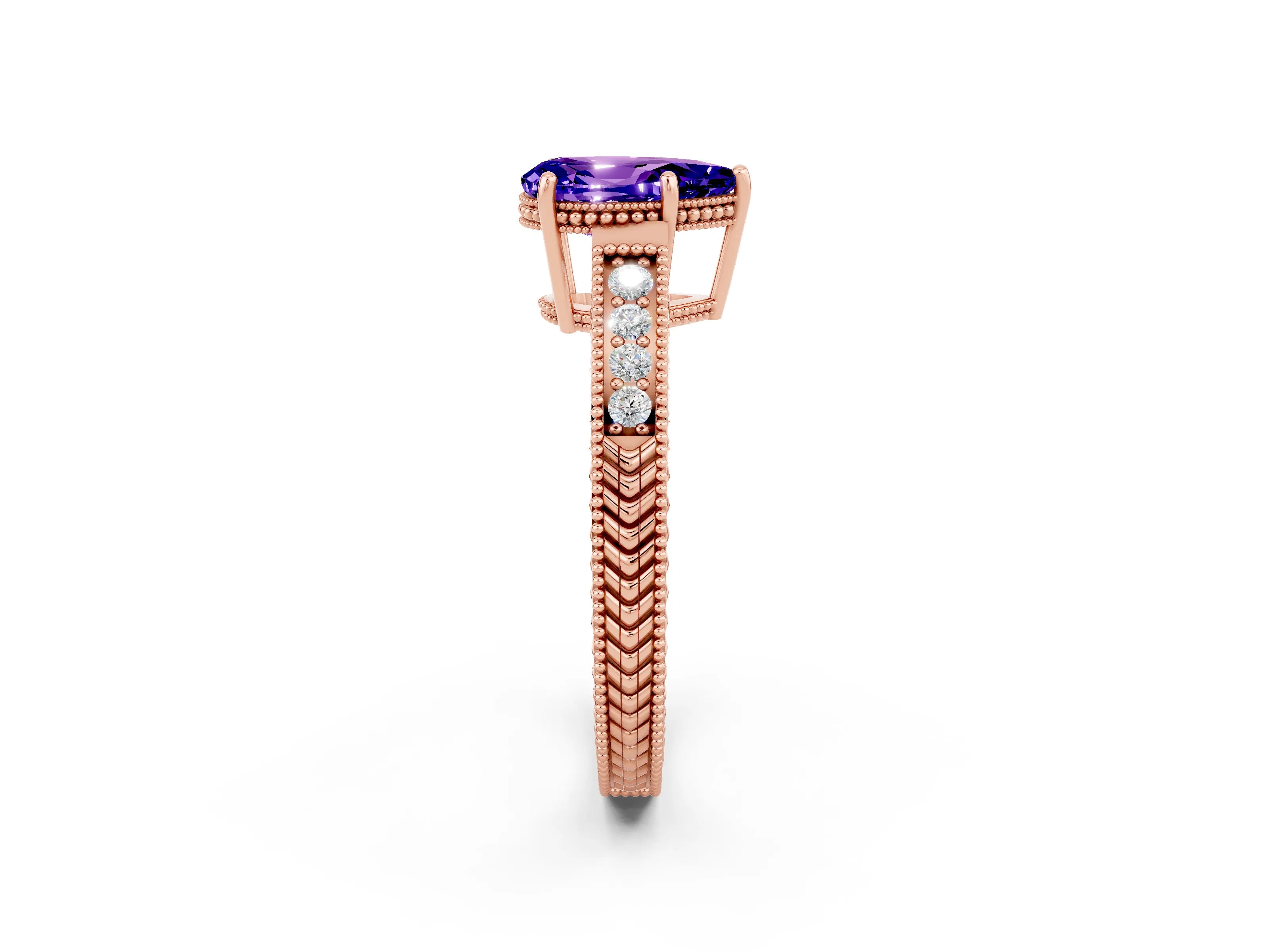 Rose gold Pear Cut Tanzanite Ring with Milgrain Pavé Band and Four-Prong Setting_14