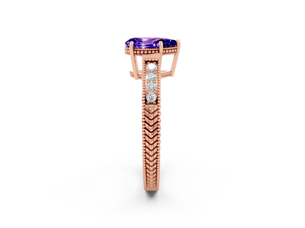 Rose gold Pear Cut Tanzanite Ring with Milgrain Pavé Band and Four-Prong Setting
