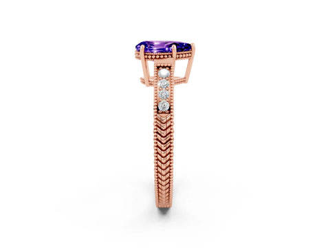 Rose gold Pear Cut Tanzanite Ring with Milgrain Pavé Band and Four-Prong Setting_14