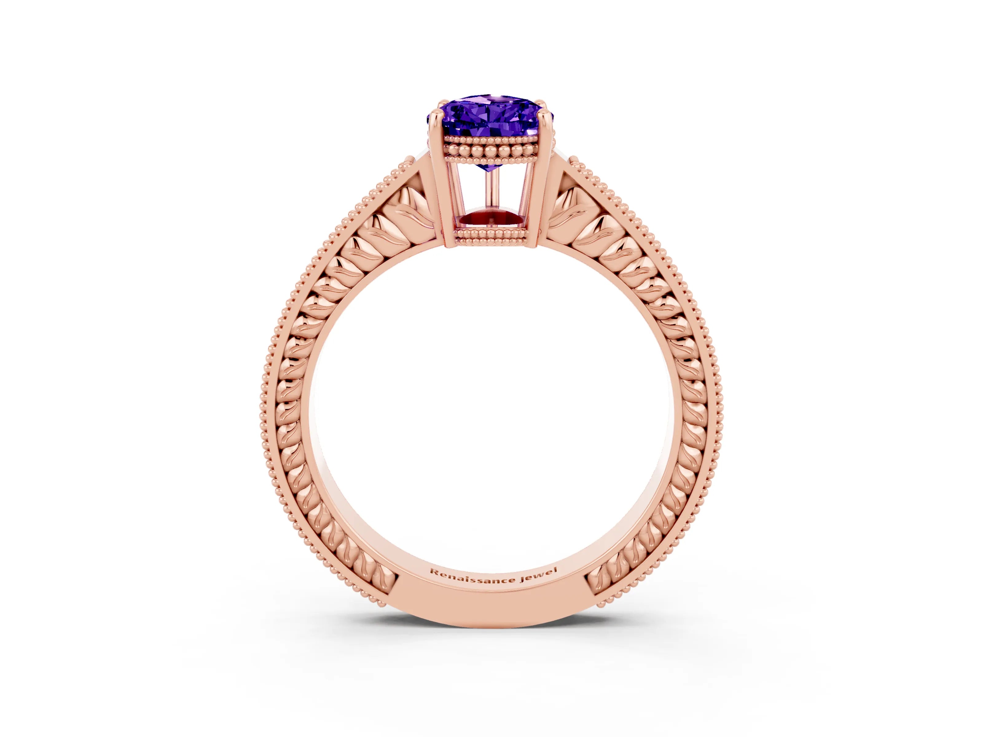 Rose gold Pear Cut Tanzanite Ring with Milgrain Pavé Band and Four-Prong Setting_15