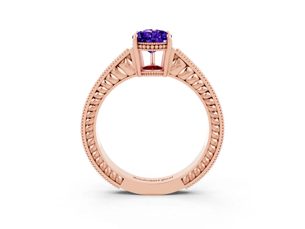 Rose gold Pear Cut Tanzanite Ring with Milgrain Pavé Band and Four-Prong Setting