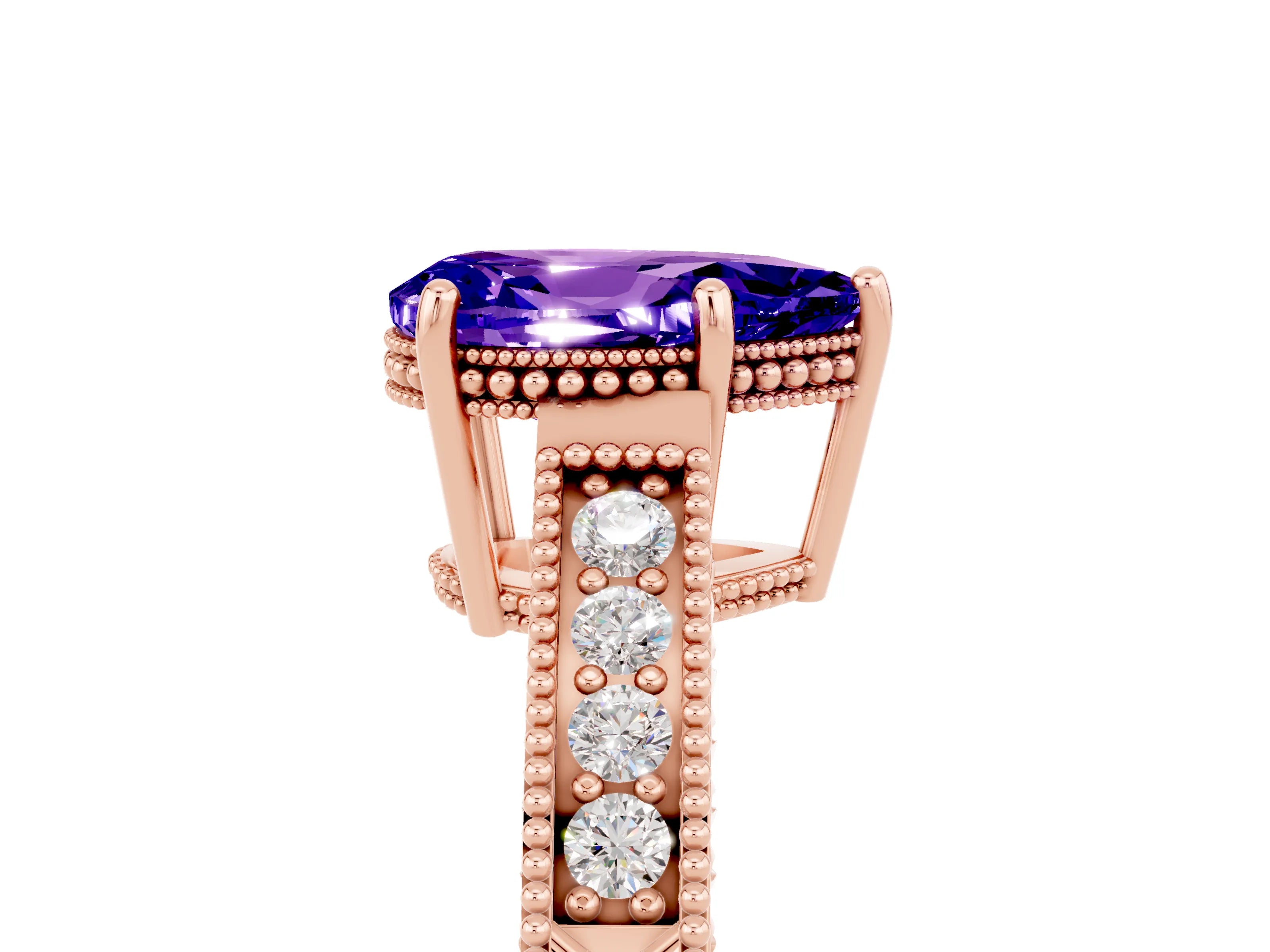 Rose gold Pear Cut Tanzanite Ring with Milgrain Pavé Band and Four-Prong Setting_17