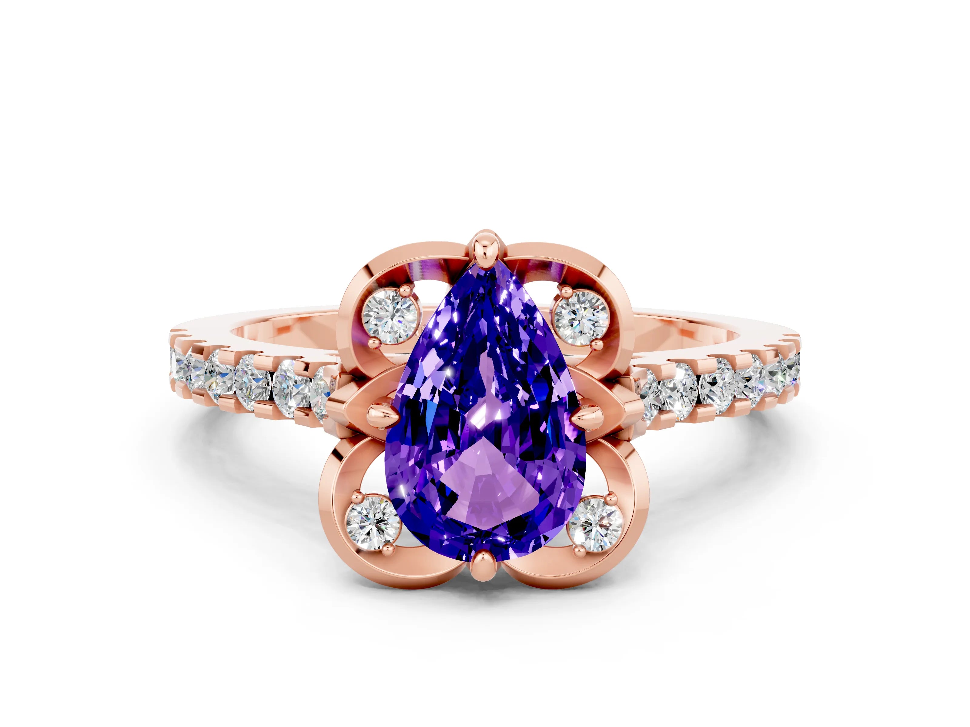 Rose gold Pear Cut Tanzanite Ring with Pavé Band and Floral Prong Setting