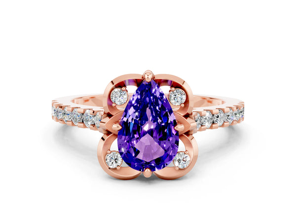 Rose gold Pear Cut Tanzanite Ring with Pavé Band and Floral Prong Setting