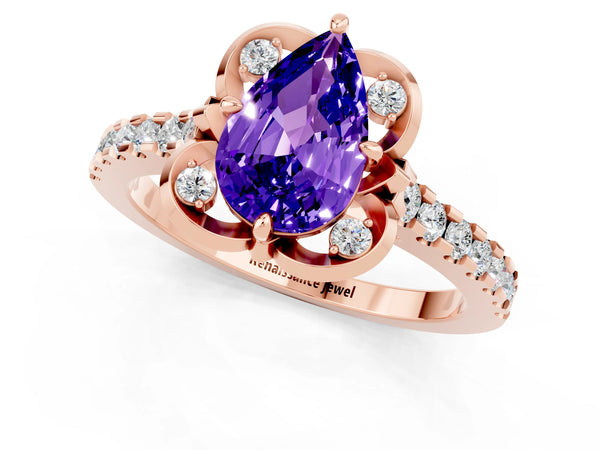 Rose gold Pear Cut Tanzanite Ring with Pavé Band and Floral Prong Setting