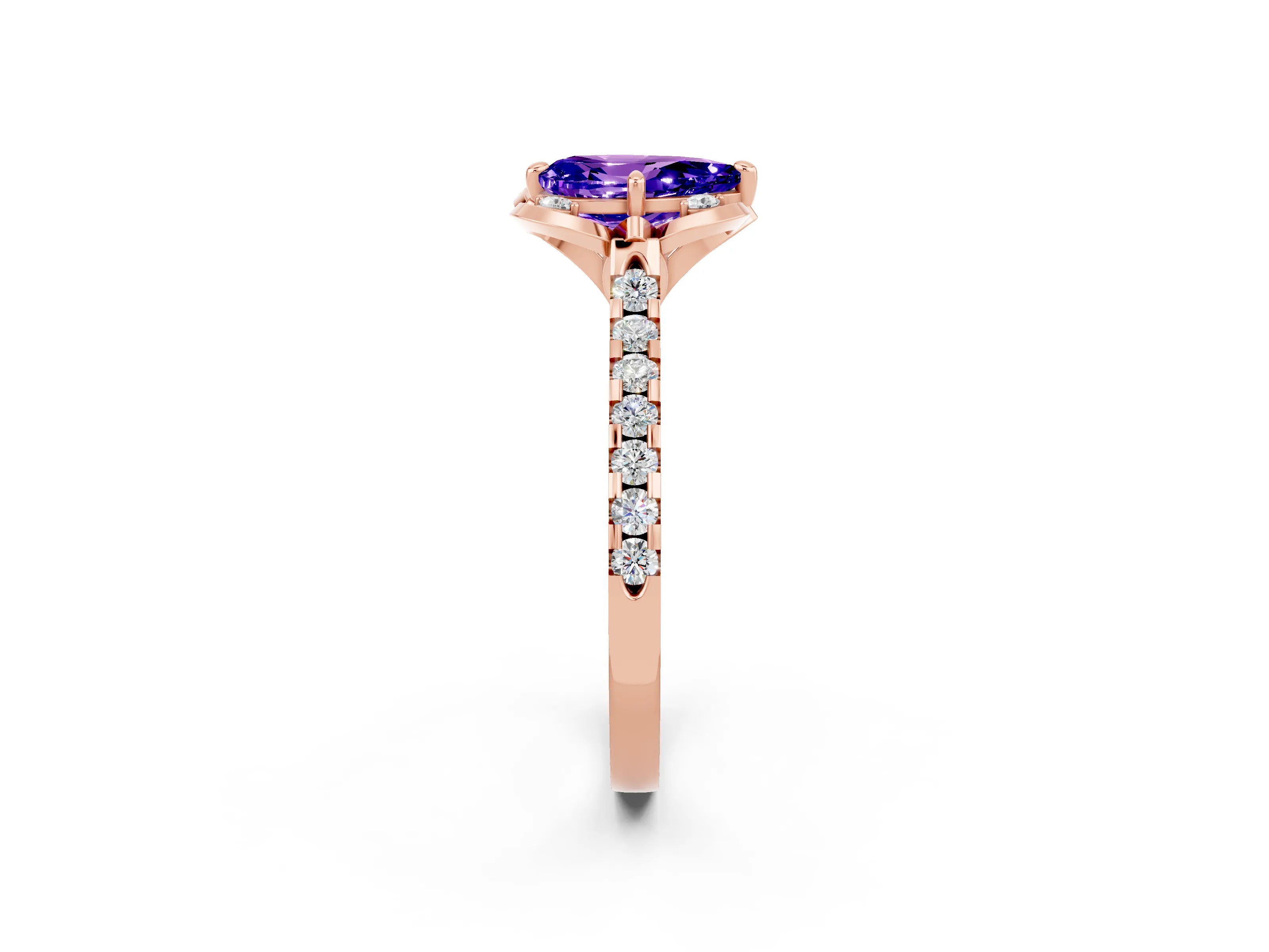 Rose gold Pear Cut Tanzanite Ring with Pavé Band and Floral Prong Setting_2