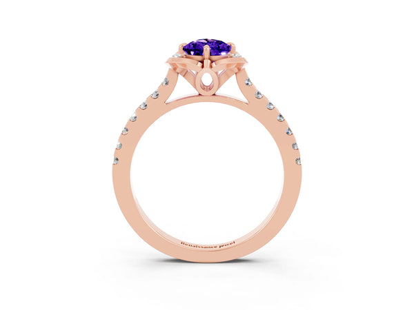 Rose gold Pear Cut Tanzanite Ring with Pavé Band and Floral Prong Setting