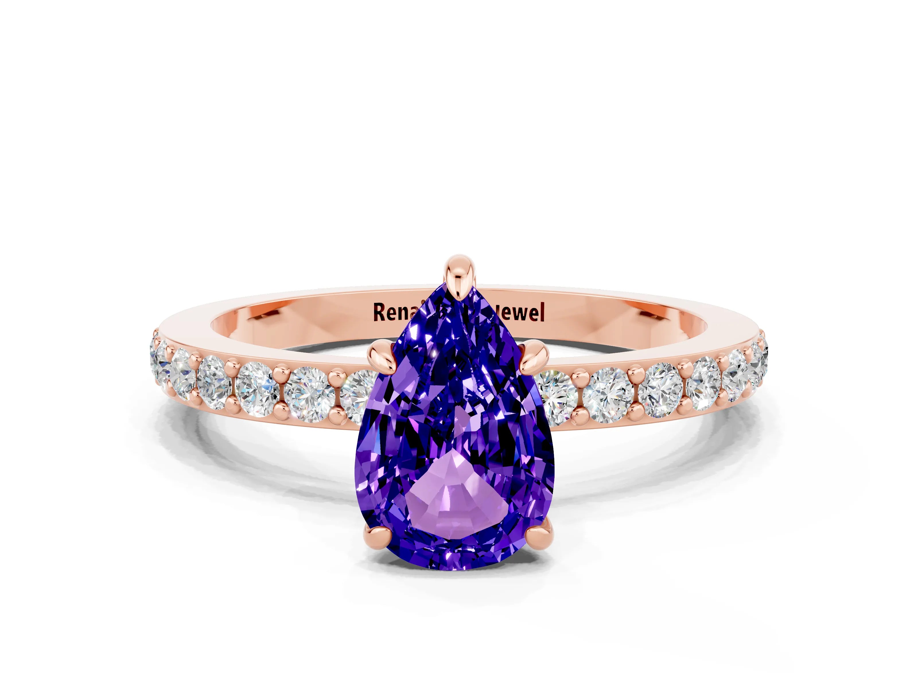 Rose gold Pear Cut Tanzanite Ring with Pavé Band and Four-Prong Setting