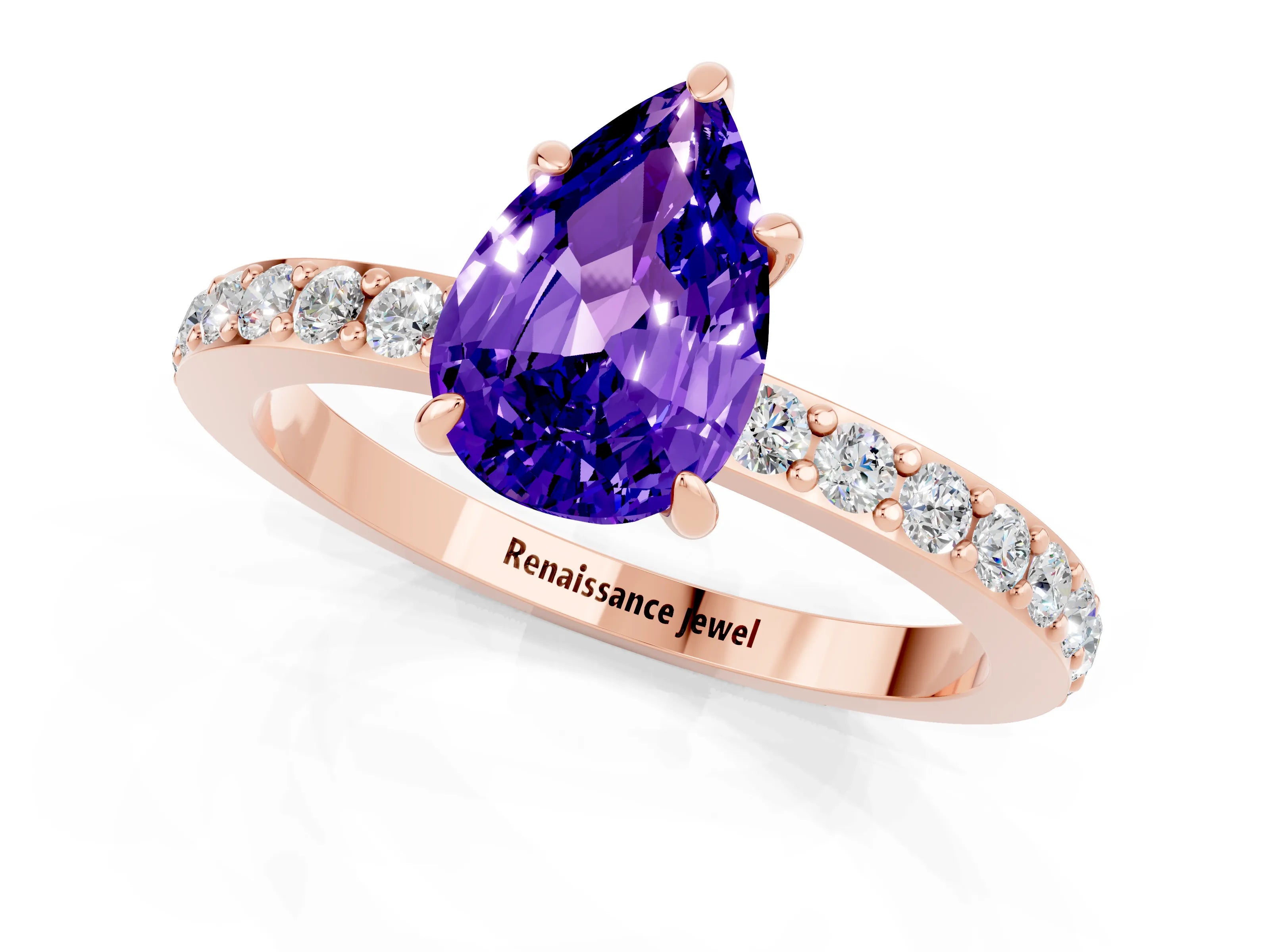Rose gold Pear Cut Tanzanite Ring with Pavé Band and Four-Prong Setting_1