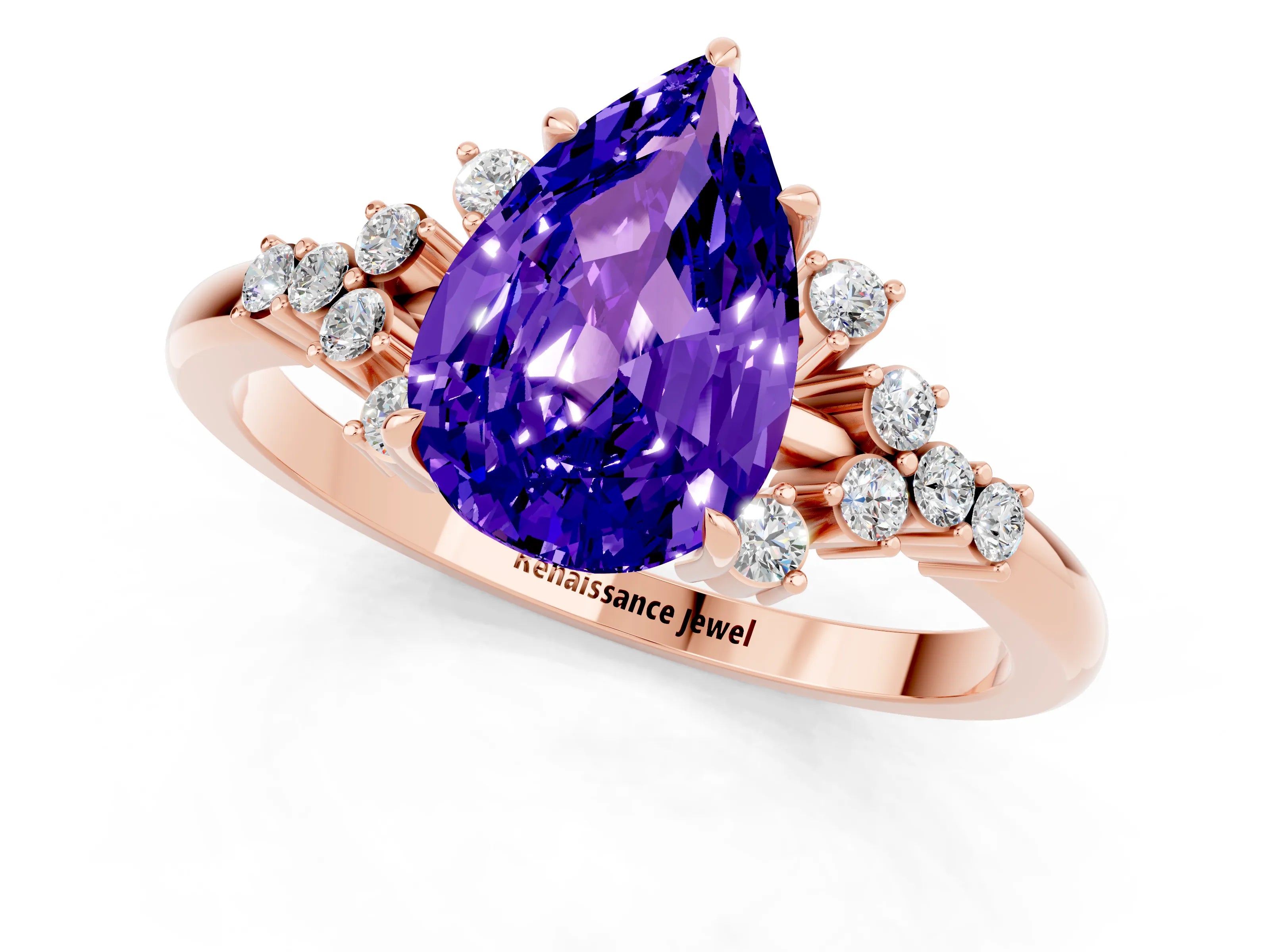 Rose gold Pear Cut Tanzanite Ring with Side Stones and Four-Prong Setting_37