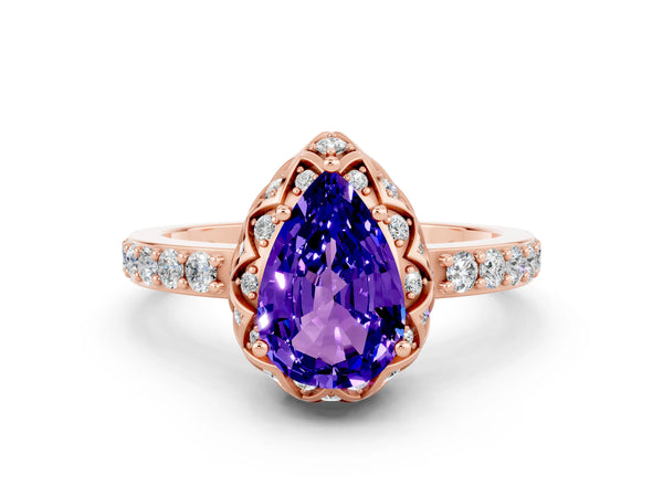 Rose gold Pear Cut Tanzanite Scalloped Halo Engagement Ring with Round Shared Prong Band