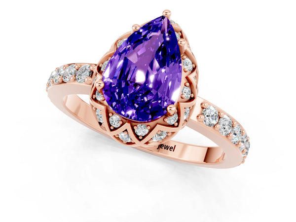 Rose gold Pear Cut Tanzanite Scalloped Halo Engagement Ring with Round Shared Prong Band