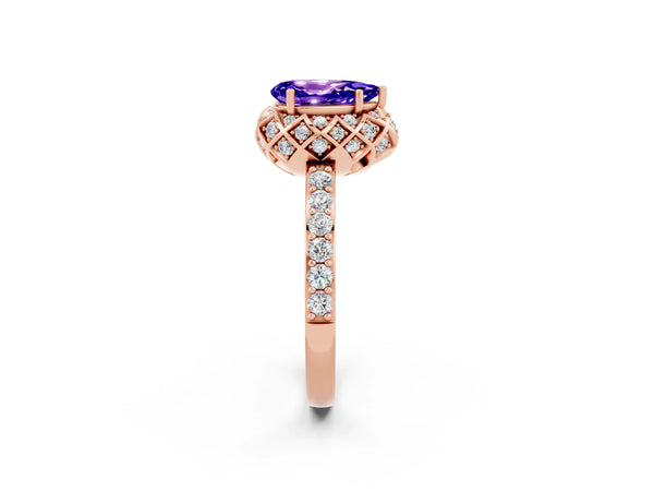 Rose gold Pear Cut Tanzanite Scalloped Halo Engagement Ring with Round Shared Prong Band