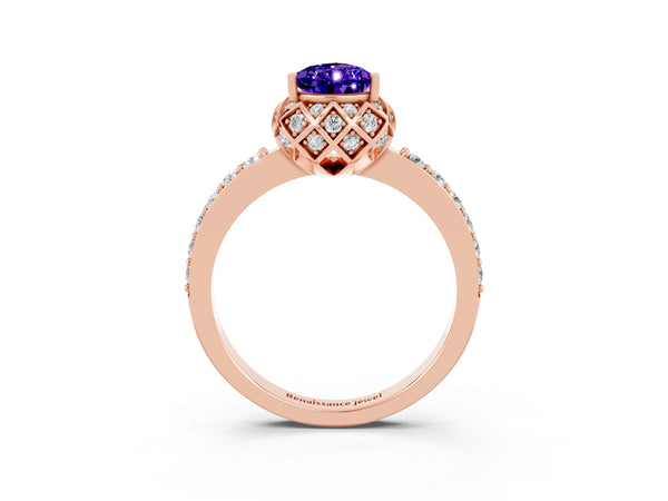 Rose gold Pear Cut Tanzanite Scalloped Halo Engagement Ring with Round Shared Prong Band