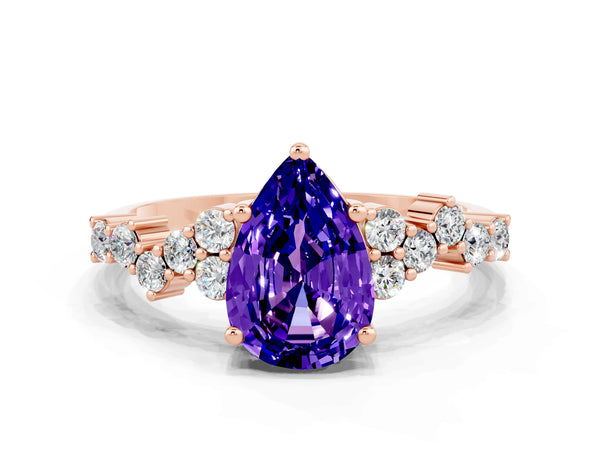 Rose gold Pear Cut Tanzanite Scattered Round Accent Ring with Prong Setting