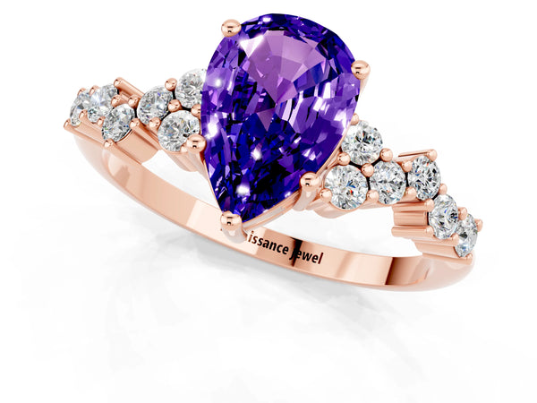 Rose gold Pear Cut Tanzanite Scattered Round Accent Ring with Prong Setting