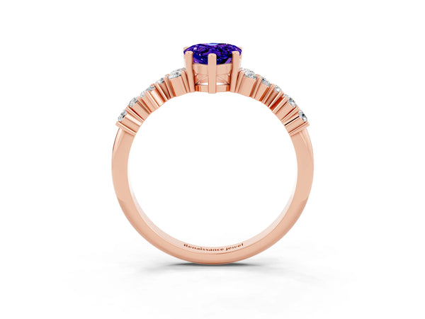 Rose gold Pear Cut Tanzanite Scattered Round Accent Ring with Prong Setting
