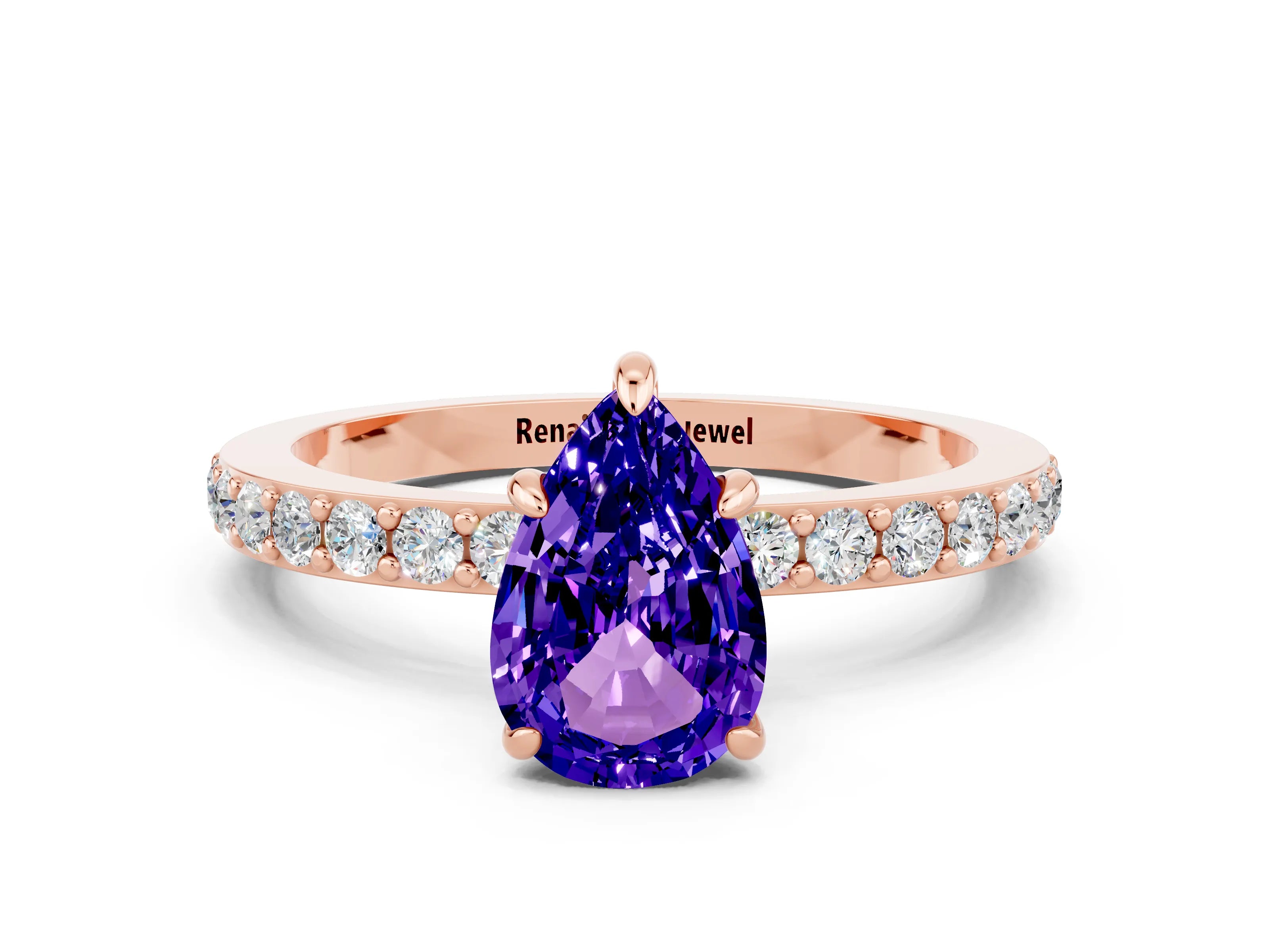 Rose gold Pear Cut Tanzanite Solitaire Engagement Ring with Pavé Band and Four-Prong Setting