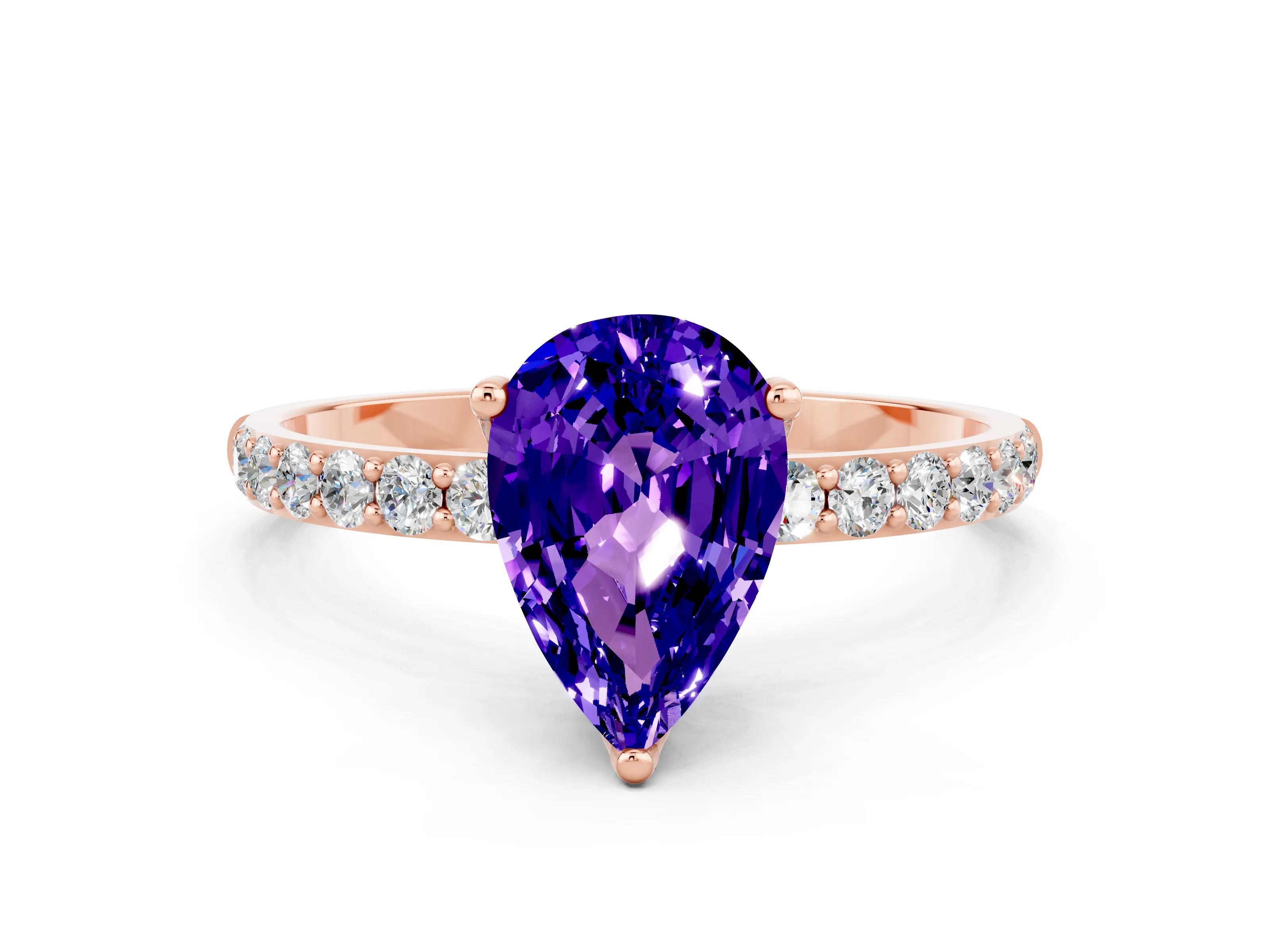 Rose gold Pear Cut Tanzanite Solitaire Engagement Ring with Pavé Band and Prong Setting