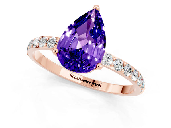 Rose gold Pear Cut Tanzanite Solitaire Engagement Ring with Round  Pavé Band and Prong Setting