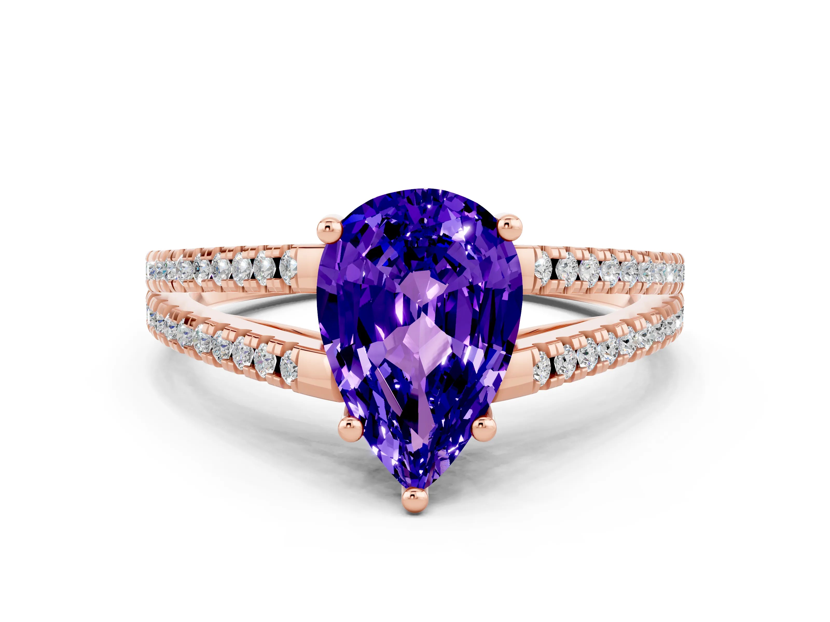Rose gold Pear Cut Tanzanite Solitaire Engagement Ring with Split Shank Pavé Band