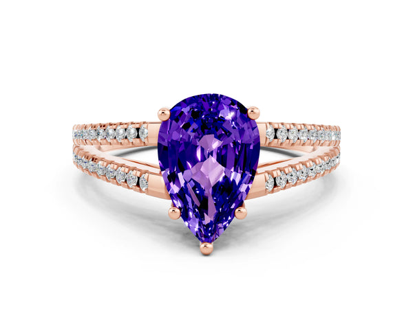 Rose gold Pear Cut Tanzanite Solitaire Engagement Ring with Split Shank Pavé Band