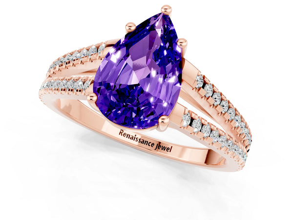 Rose gold Pear Cut Tanzanite Solitaire Engagement Ring with Split Shank Pavé Band