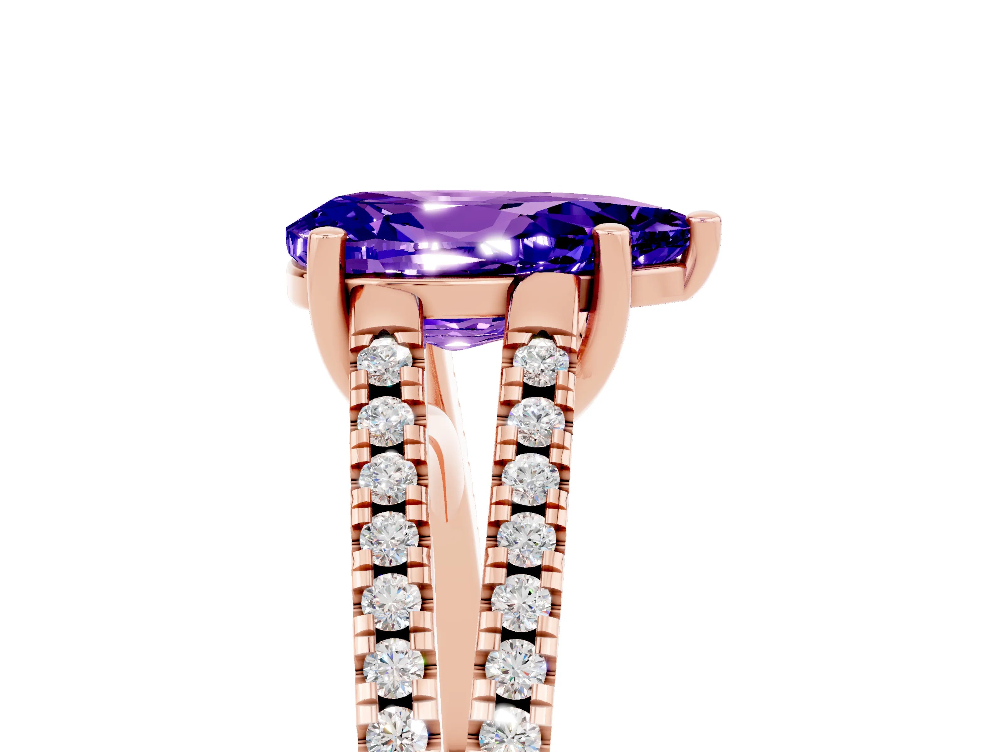 Rose gold Pear Cut Tanzanite Solitaire Engagement Ring with Split Shank Pavé Band_5