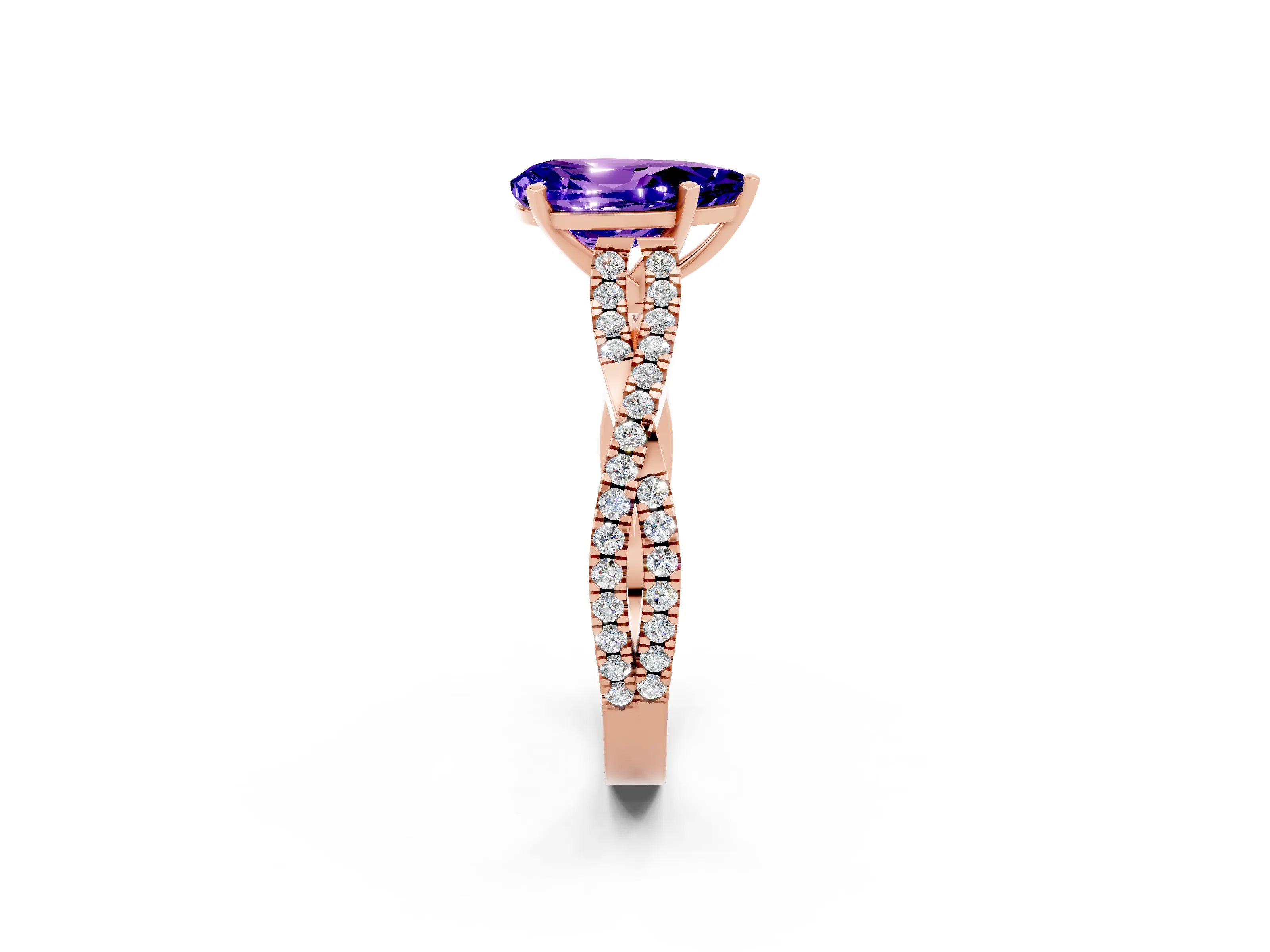 Rose gold Pear Cut Tanzanite Solitaire Engagement Ring with Twisted Pavé Band and Four-Prong Setting_2