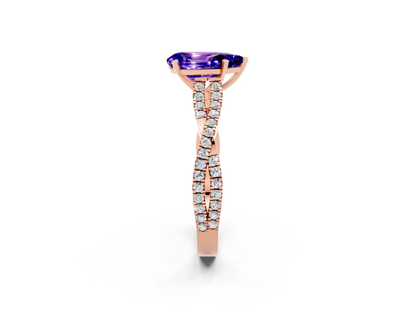 Rose gold Pear Cut Tanzanite Solitaire Engagement Ring with Twisted Pavé Band and Four-Prong Setting