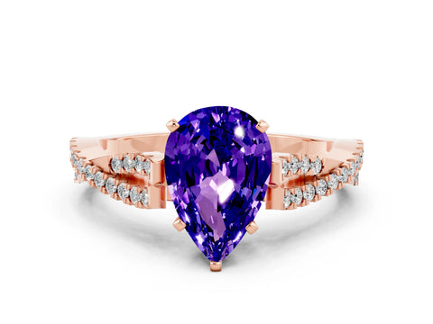 Rose gold Pear Cut Tanzanite Solitaire Engagement Ring with Twisted Pavé Band and Four-Prong Setting