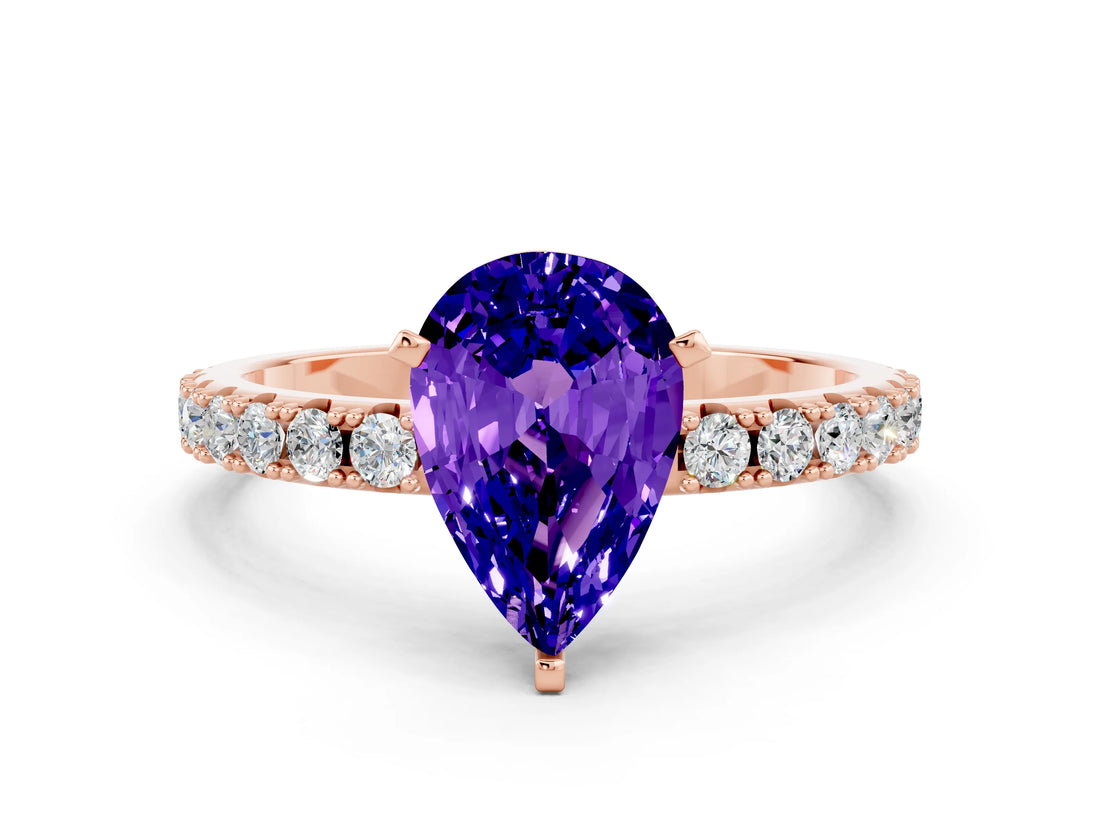 Rose gold Pear Cut Tanzanite Solitaire Pavé Band with Four-Prong Setting