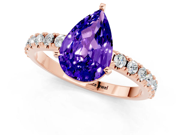 Rose gold Pear Cut Tanzanite Solitaire Pavé Band with Four-Prong Setting