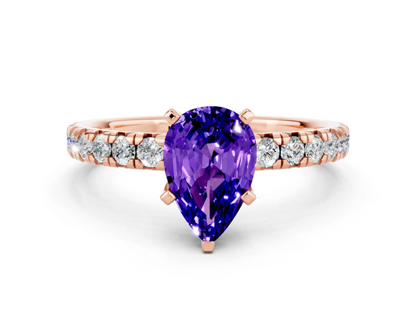 Rose gold Pear Cut Tanzanite Solitaire Pavé Engagement Ring with Round Band and Prong Setting