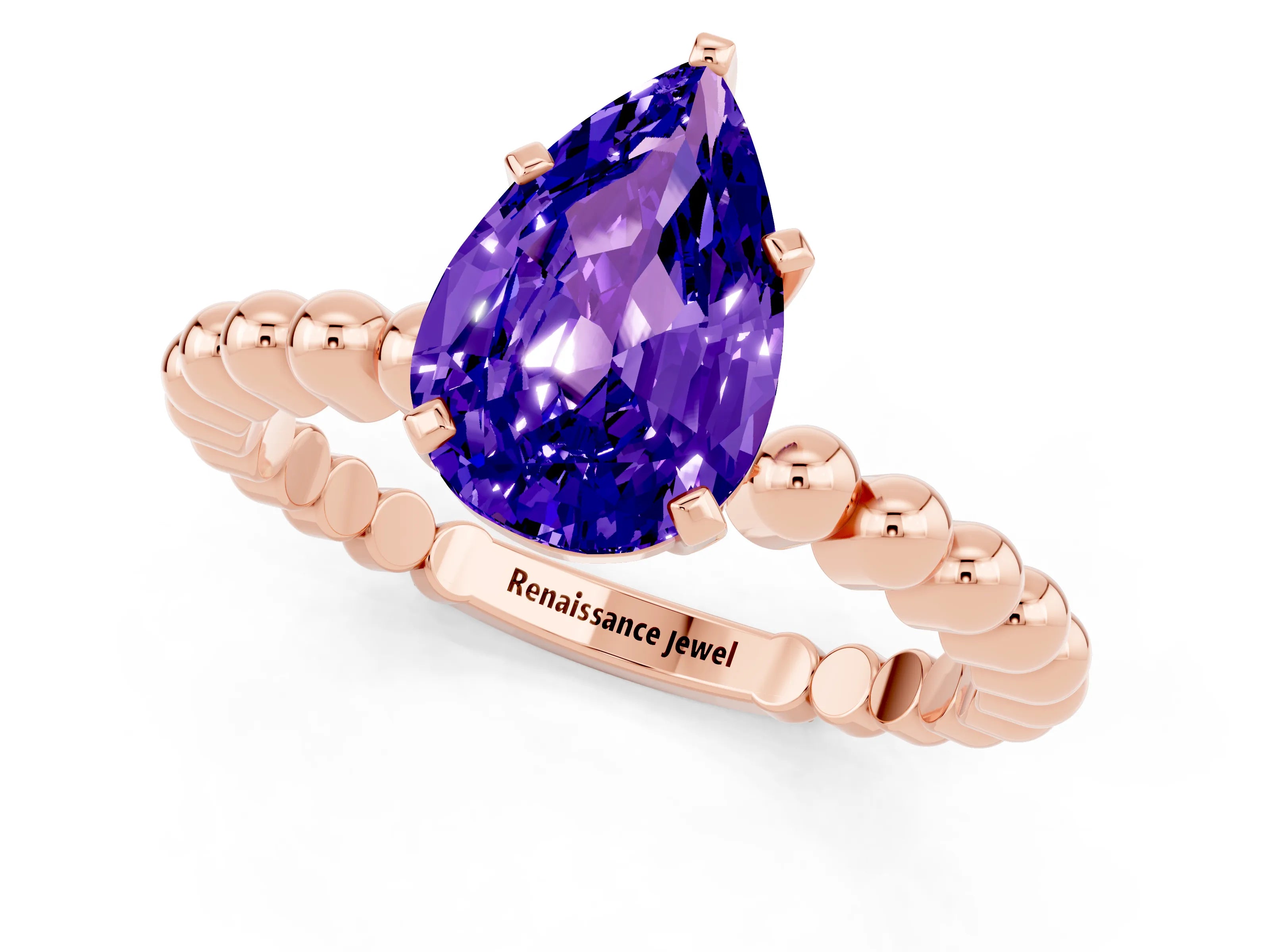 Rose gold Pear Cut Tanzanite Solitaire Ring with Beaded Band and Prong Setting_1
