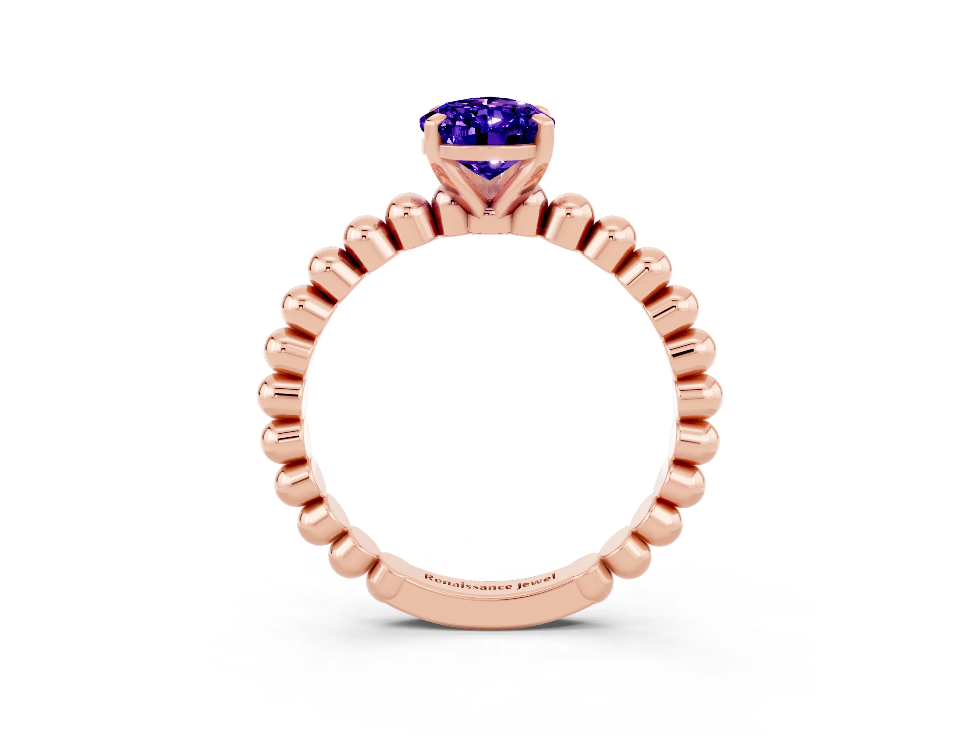 Rose gold Pear Cut Tanzanite Solitaire Ring with Beaded Band and Prong Setting_3