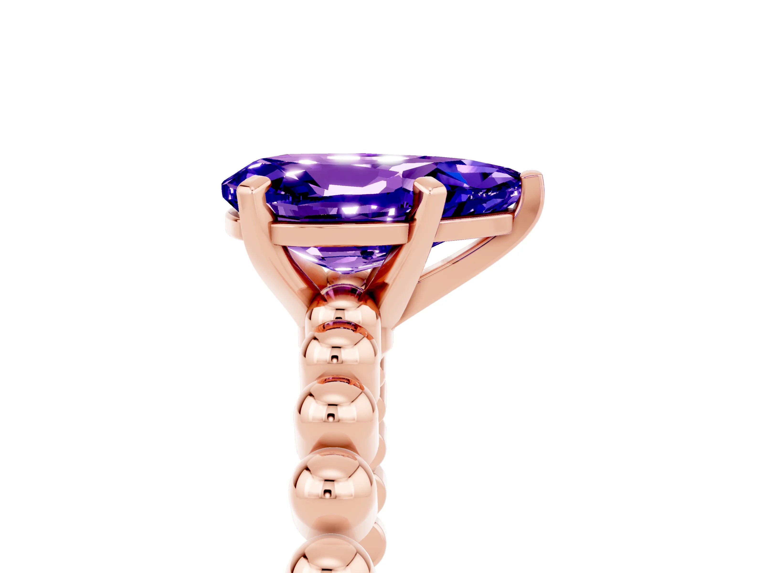 Rose gold Pear Cut Tanzanite Solitaire Ring with Beaded Band and Prong Setting_5