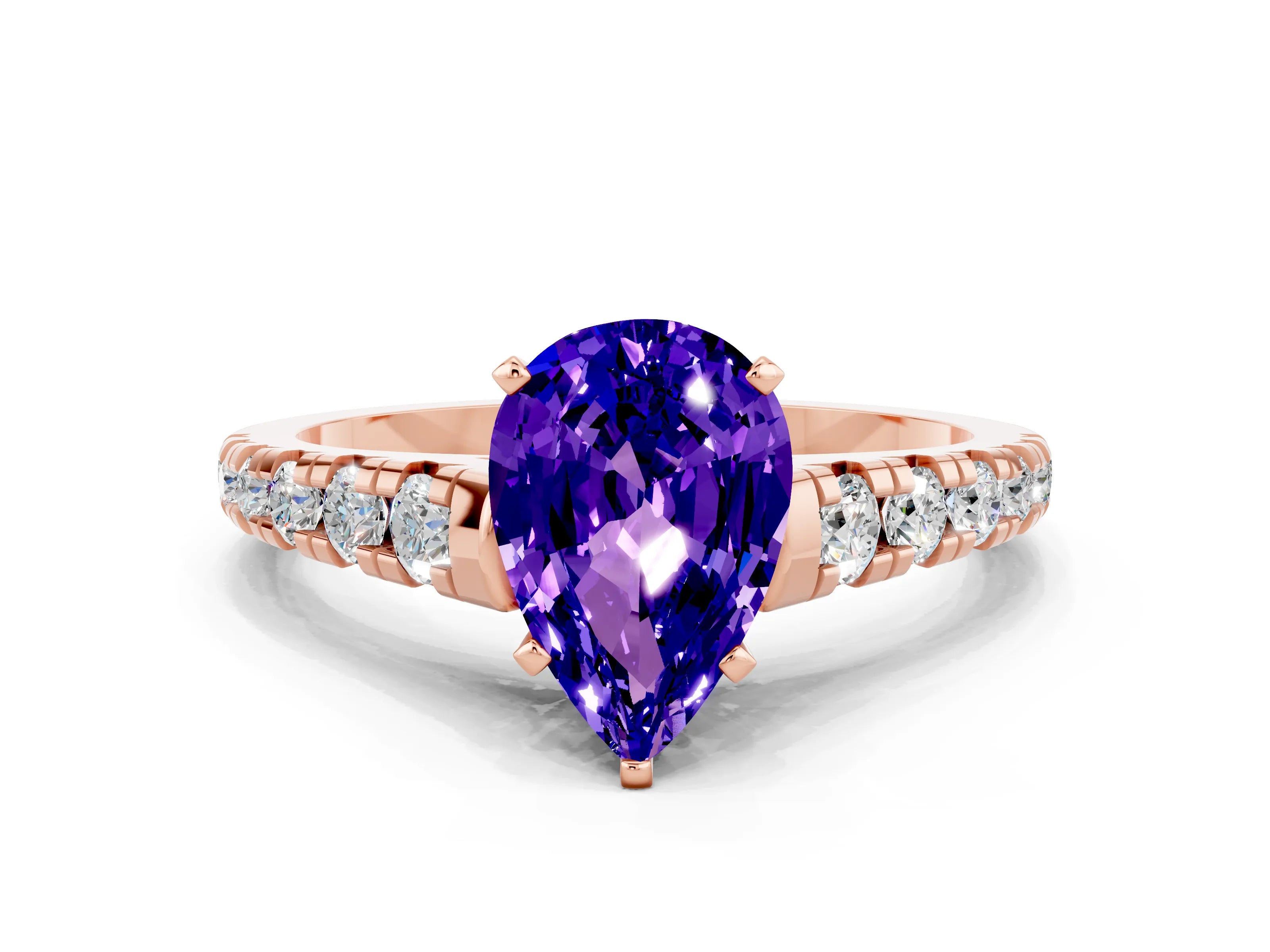 Rose gold Pear Cut Tanzanite Solitaire Ring with Cathedral Setting and Pavé Band