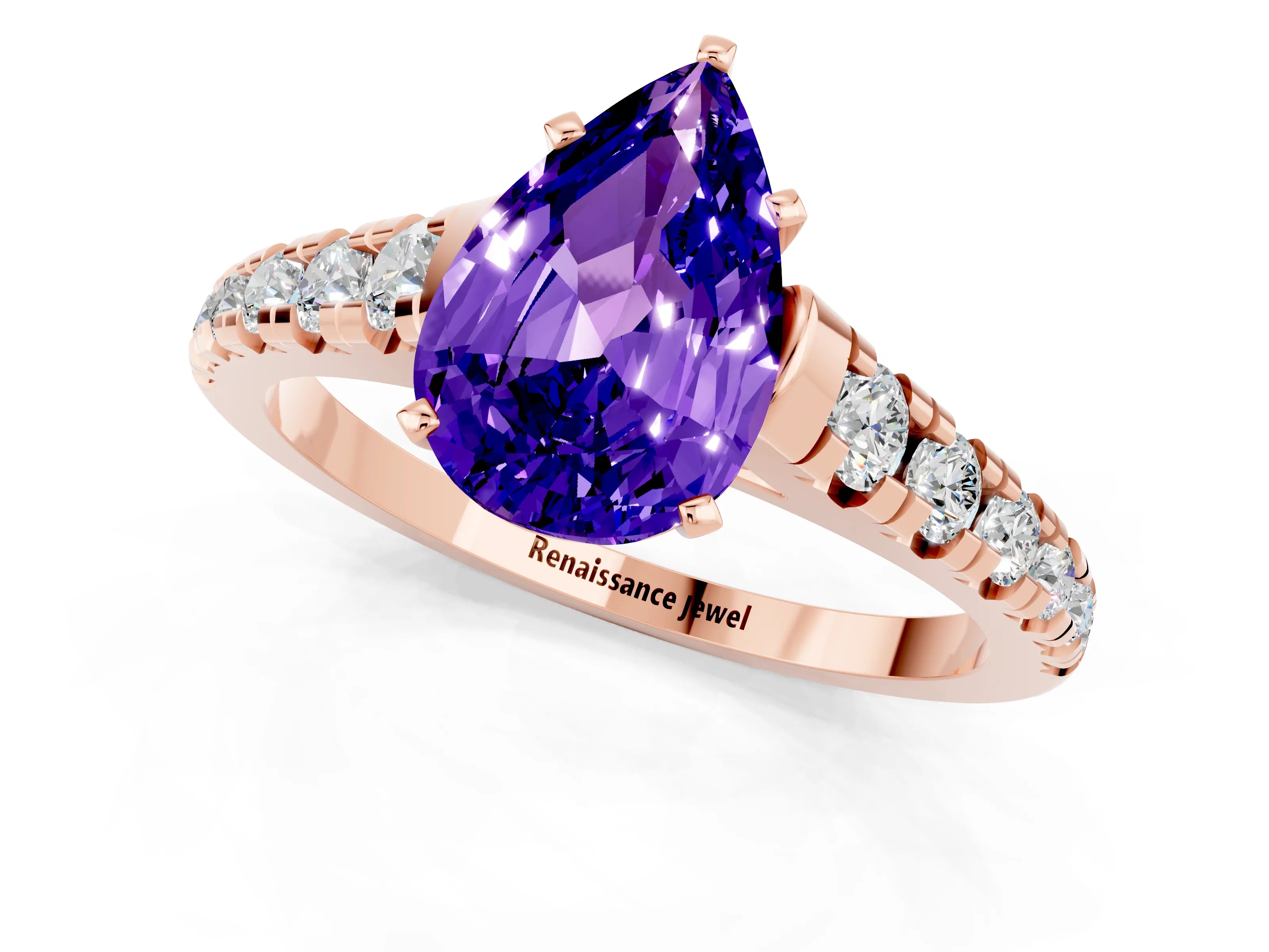 Rose gold Pear Cut Tanzanite Solitaire Ring with Cathedral Setting and Pavé Band_1