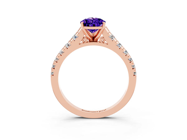 Rose gold Pear Cut Tanzanite Cathedral Solitaire Ring with Round  Pavé Band
