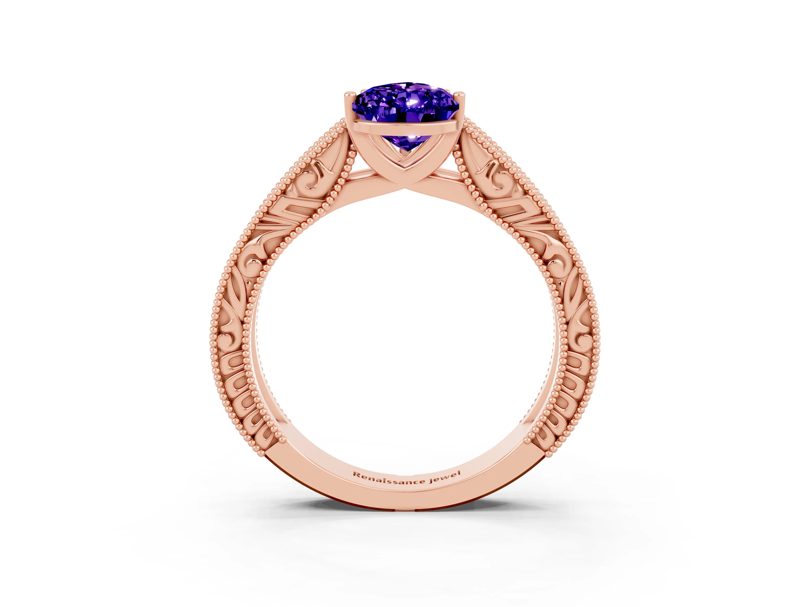 Rose gold Pear Cut Tanzanite Solitaire Ring with Engraved Band and Four-Prong Setting_3