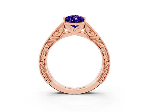 Rose gold Pear Cut Tanzanite Solitaire Ring with Engraved Band and Four-Prong Setting_3