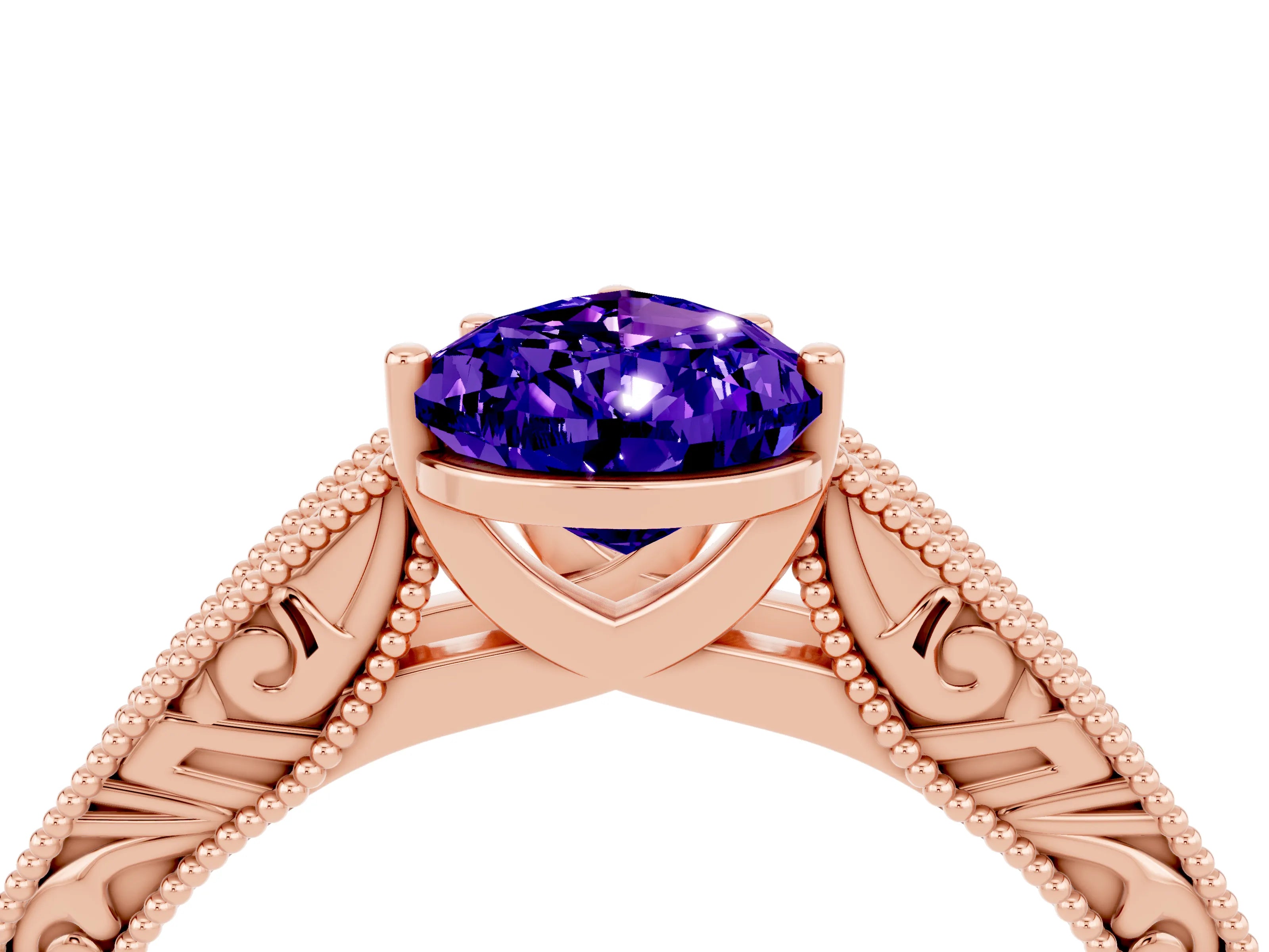 Rose gold Pear Cut Tanzanite Solitaire Ring with Engraved Band and Four-Prong Setting_4